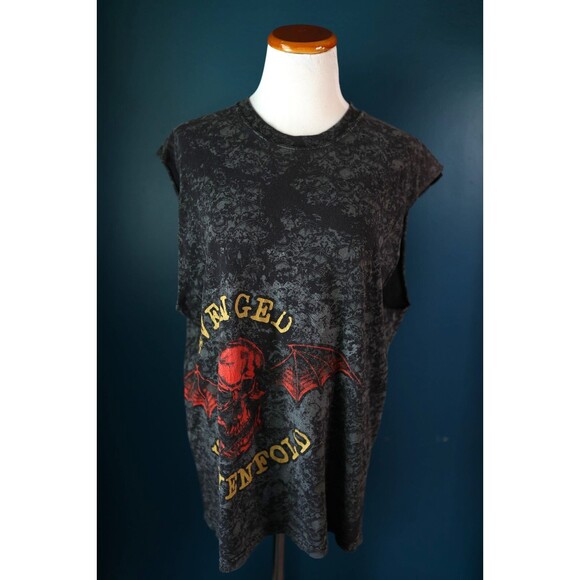 VTG Y2K Avenged Sevenfold Band Deathbat Skull All Over Print Cut Off T Shirt L - Picture 1 of 13